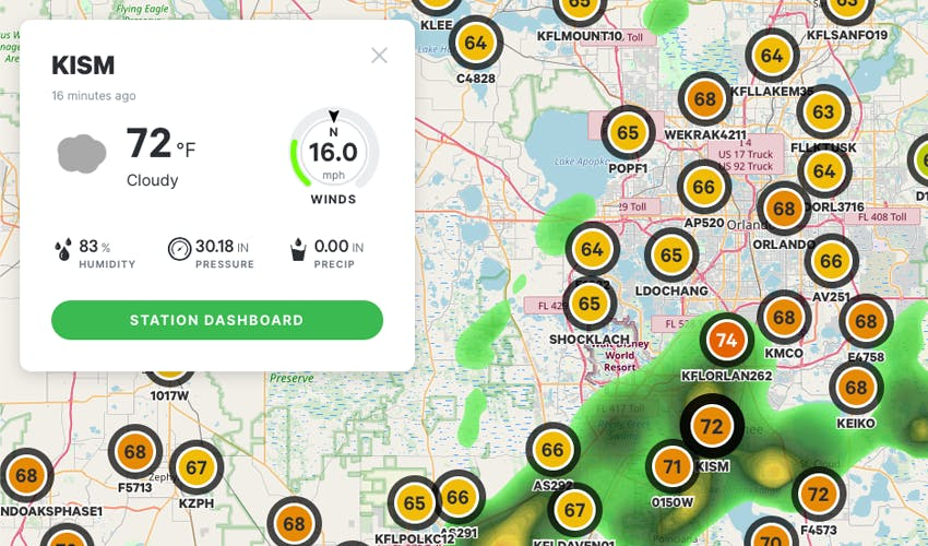 A map showing conditions at weather stations and a radar view. The station KISM is selected and the weather observation at that station is displayed.